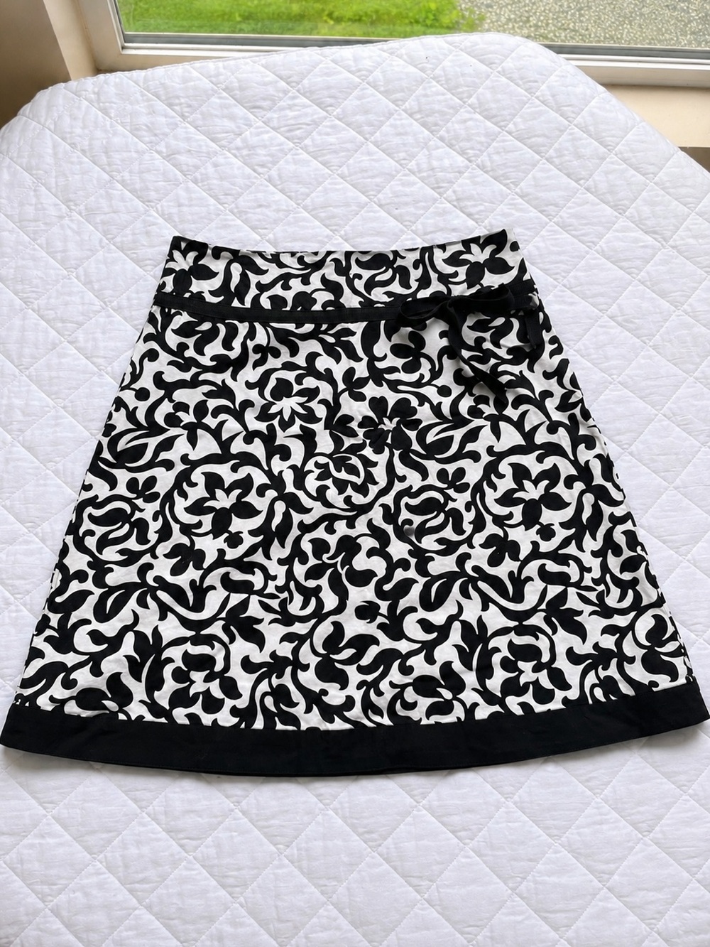 Majora Black White Damask Print A-Line Skirt Ribbon Trim Size M
